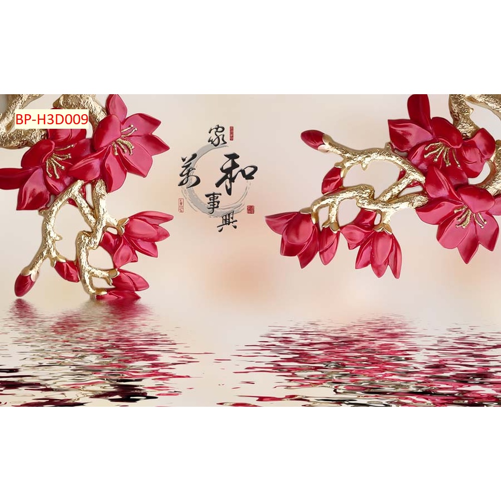 Tranh 3D dán tường phòng khách phong cách INDOCHINE hoa nhiều màu sắc