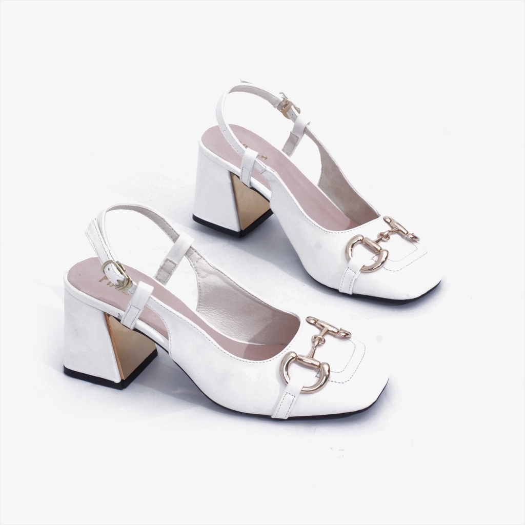 Giày Cao Gót 7cm Mũi Vuông Gắn Khoá Màu Kem Pixie X776