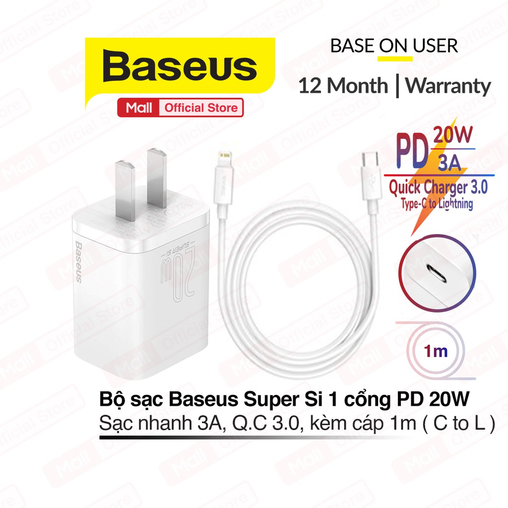 Bộ sạc nhanh Baseus Super Si PD 20W/Q.C 3,0, nhỏ gọn tiện lợi, kèm cáp tương thích với nhiều dòng iPhone/iPad...dài 1m