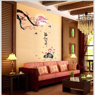 Decal dán tường phòng khách Cành đào thư pháp- DH062