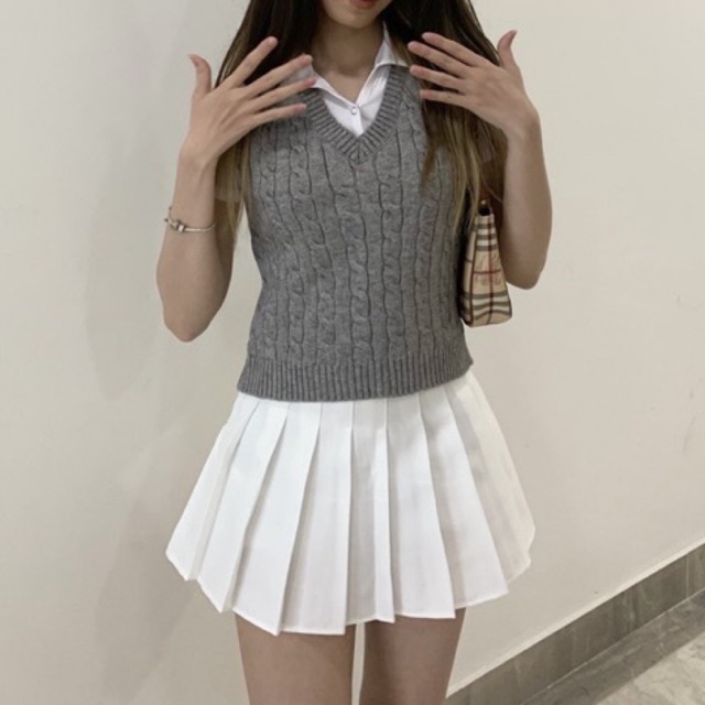 V-neck Knit Gilet - Áo gile len ghi