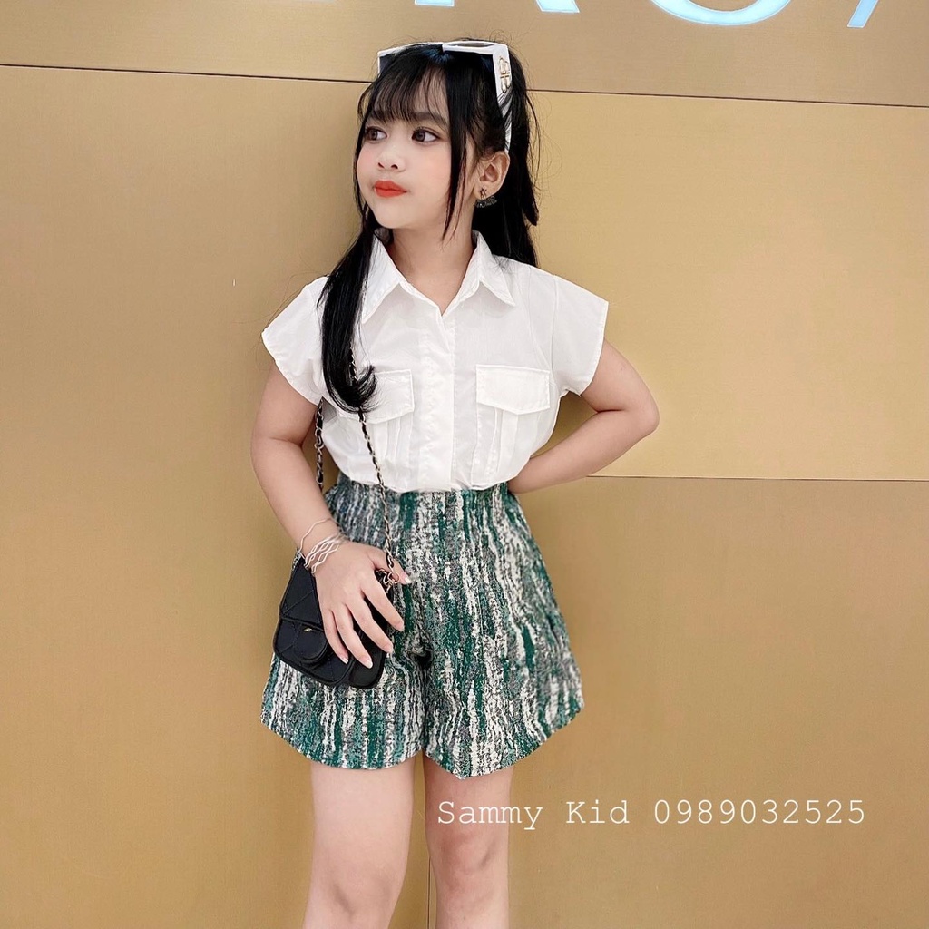 Set áo Sơ mi tay hộp Hottrend quần sooc bồng cho bé gái size đại 16-41kg sang chảnh cá tính