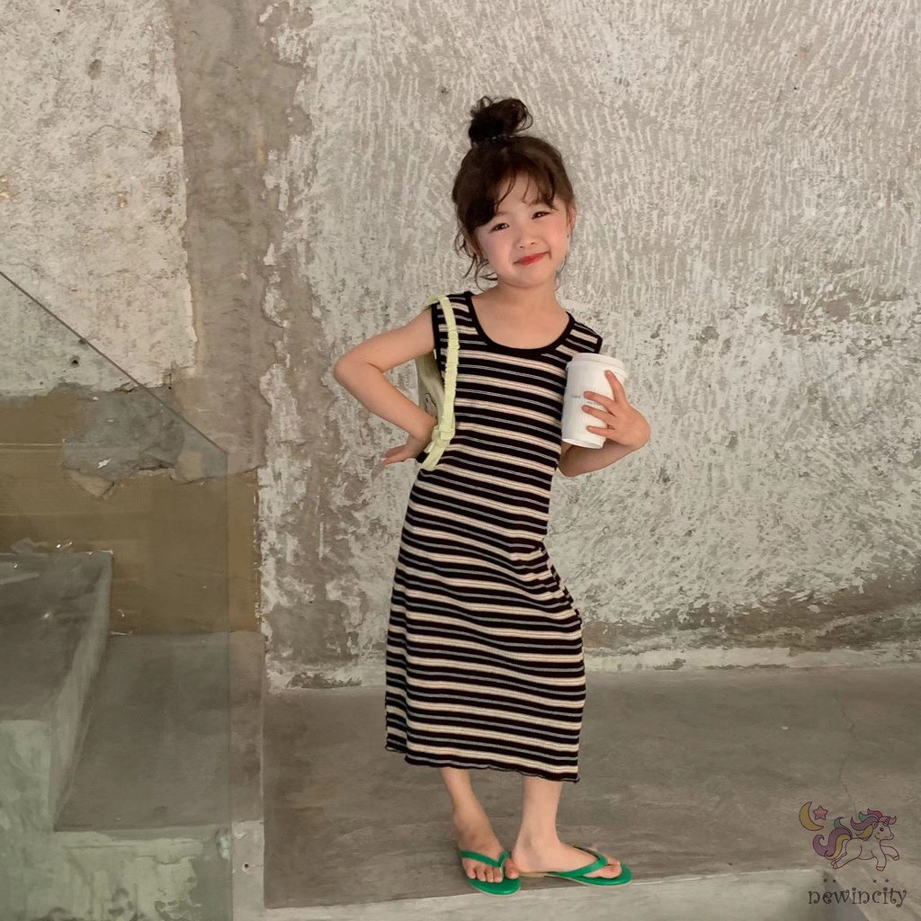 Đầm Sát Nách In Họa Tiết Kẻ Sọc Thời Trang Mùa Hè Hàn Quốc Cho Bé Gái