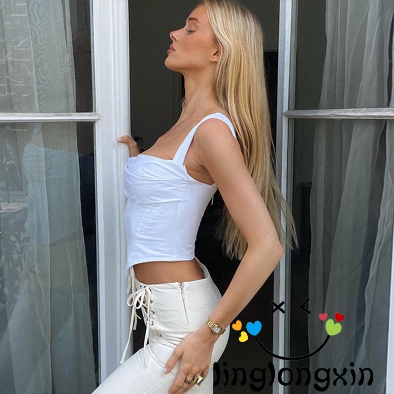 Linglongxi2-ladies Áo Tank Top Hai Dây Cổ Vuông Màu Trơn Phối Khóa Kéo Sau Lưng Thời Trang Mùa Hè Dành Cho Nữ
