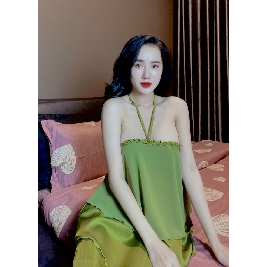 Set Đồ Ngủ Áo Yếm Voan Tầng &amp; Quần Dài Lụa Dạo Phố Sang Chảnh - Đồ Bộ, Pyjama Freesize