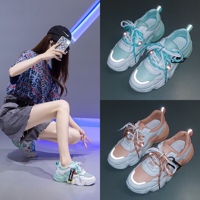 [Mã FASHIONT4WA2 giảm 10k đơn từ 50k] Giày thể thao nữ độn đế dây kép phối 2 màu, giày sneaker nữ phảm quang siu hot