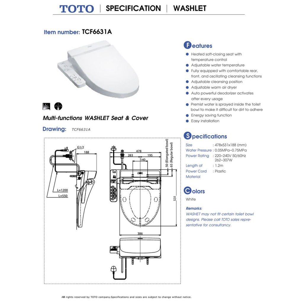 Nắp rửa điện tử TOTO Washlet TCF6631A,, bảo hành chính hãng 02 năm