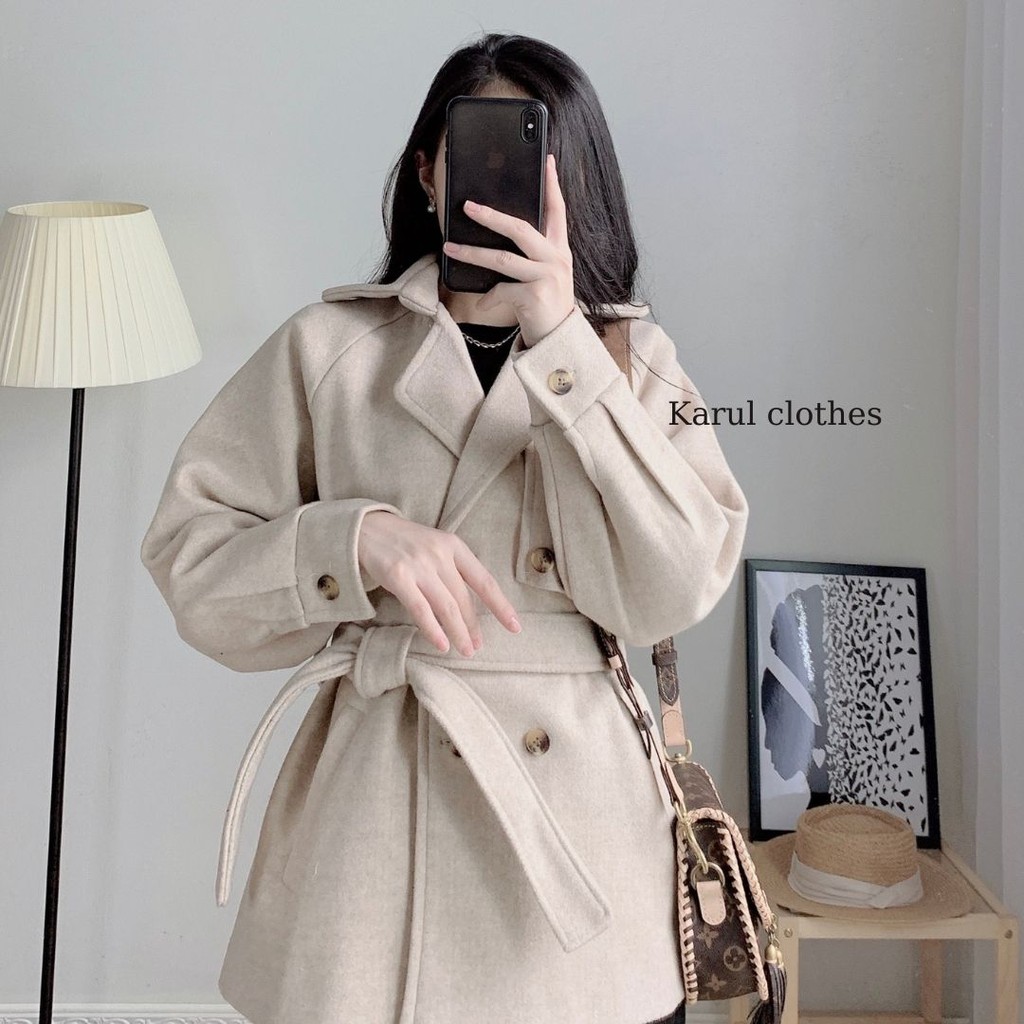Áo khoác nữ dạ cổ vest có đai , 4 khuy  kiểu  hàng hàn quốc , áo khoác nữ dạ 2 màu  be , kem  kiểu dáng blazer có đai