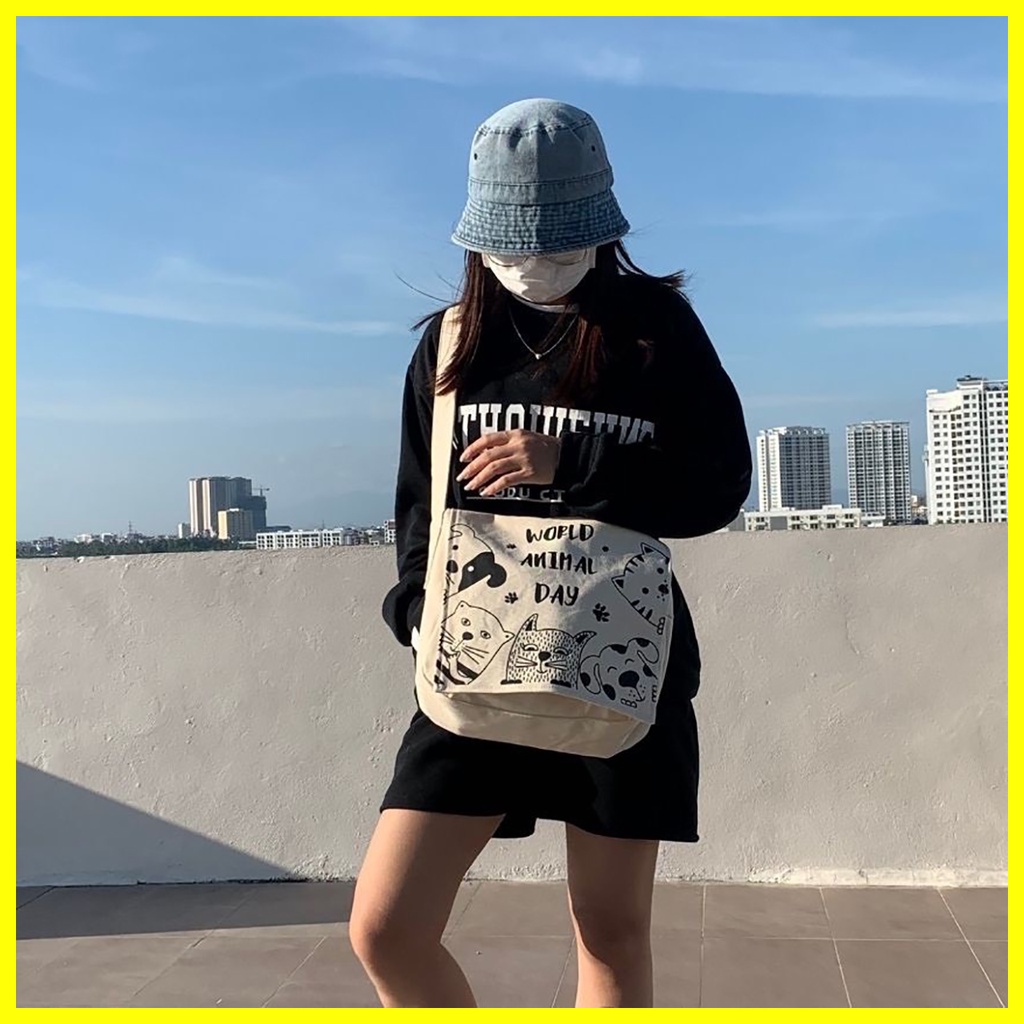 Túi tote vải đeo chéo canvas unisex cao cấp đựng vừa khổ a4 đi học đi chơi Hàn Quốc