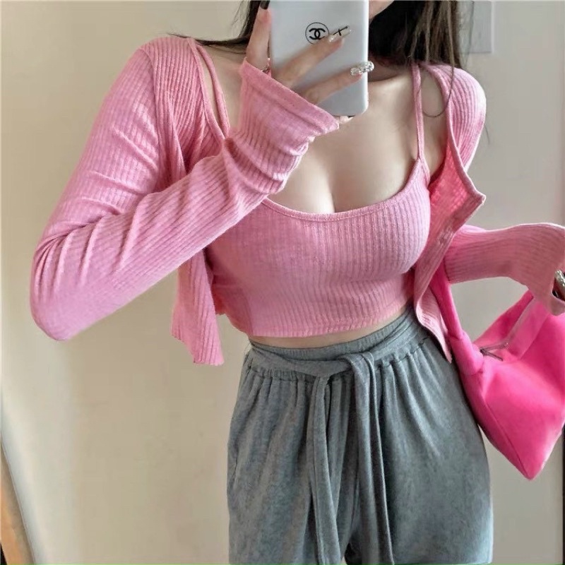 Set áo khoác thun Gân mỏng Cardigan kèm áo 2 dây( Video thật),Set Áo Hai Dây + Áo Khoác Cardigan Màu Trơn ☘️☘️☘️☘️TA alo