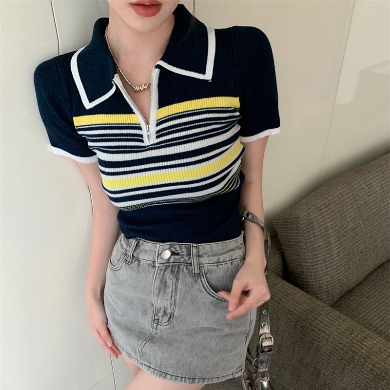 Áo Thun polo Dệt Kim Tay Ngắn Dáng Ôm Họa Tiết Kẻ Sọc Thời Trang