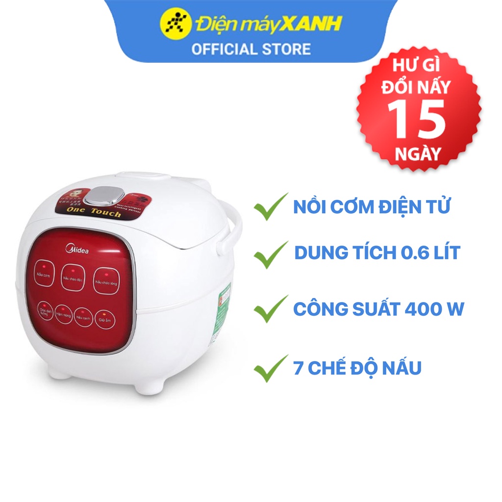 Nồi cơm điện tử Midea MB-FS1617 0.6 lít 400W chất liệu lòng nồi hợp kim nhôm phủ chống dính - Chính hãng BH 12 tháng - Điện Máy Xanh Official