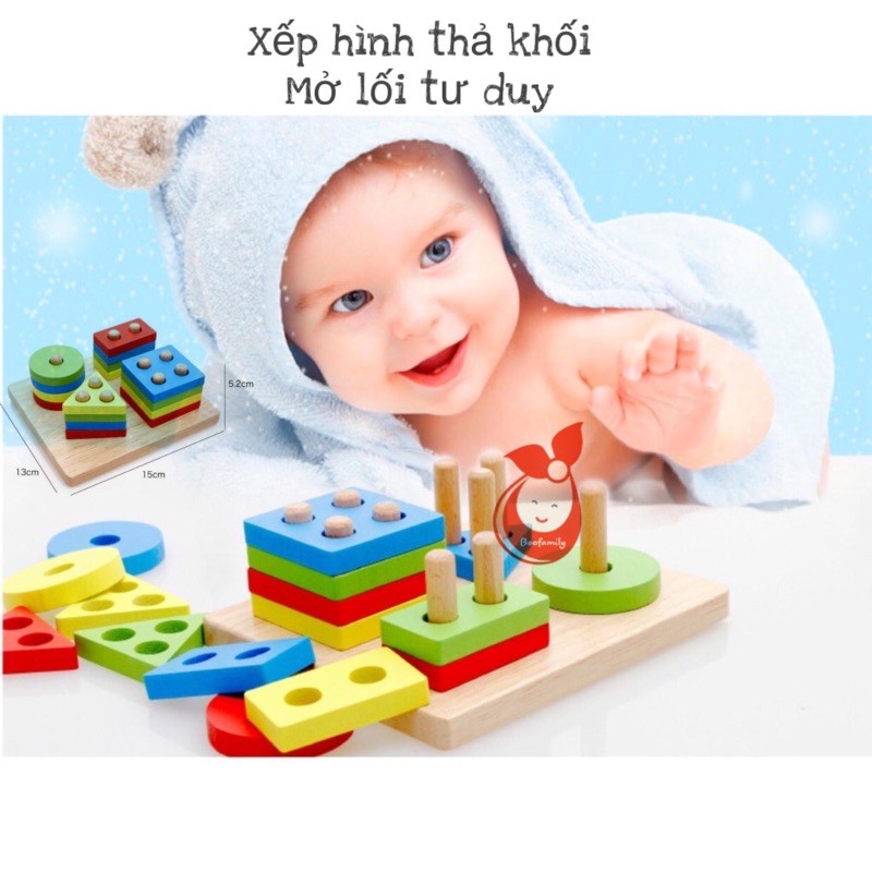 [FreeShip - Xả Kho] Bộ xếp hình thả khối 4 cọc trụ bằng gỗ - BEOFAMILY - đồ chơi gỗ, nhiều màu, an toàn cho bé