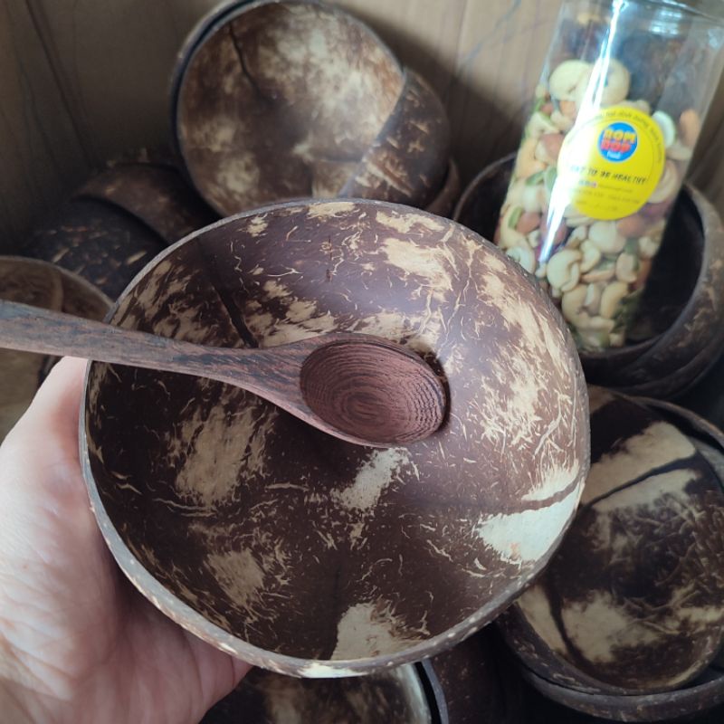 Bộ bát muỗng gáo dừa kèm thìa ăn granola ảnh chụp thật