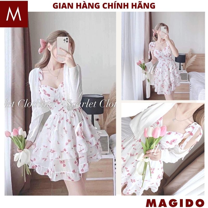 Sét váy hoa 2 dây tầng kèm áo choàng ngoài mầu trắng tiểu thư bánh bèo ulzzang đầm hàn quốc dễ thương -MAGIDO