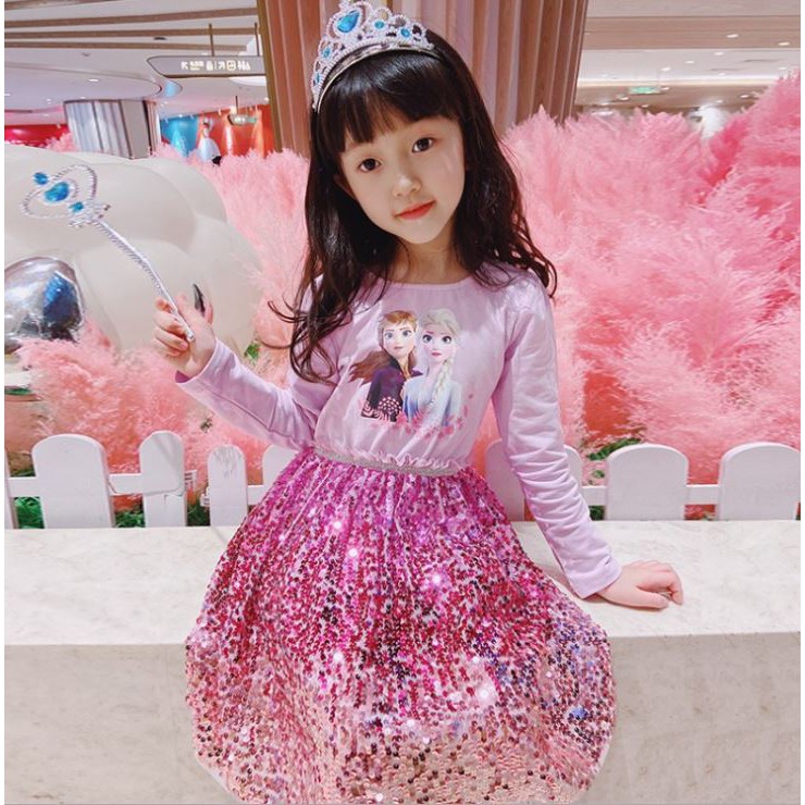 Váy Elsa Thu Đông 2021 Chất Cotton Da Cá, Đính Cườm Lấp Lánh Màu Xanh Nhạt và Tím Hồng