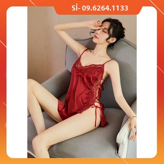 [HÀNG CÓ SẴN, LOẠI 1] Váy ngủ sexy lụa kèm quần lót lọt khe đen, trắng, đỏ giá rẻ kiểu đan dây hai bên Hàng Quảng Châu C