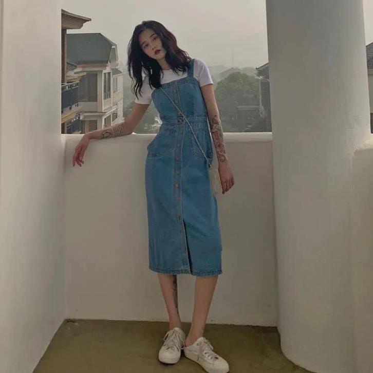Váy Yếm Jean Cài Cúc Phong Cách Retro Hàn Quốc, Yếm Denim Quảng Châu Cao Cấp .