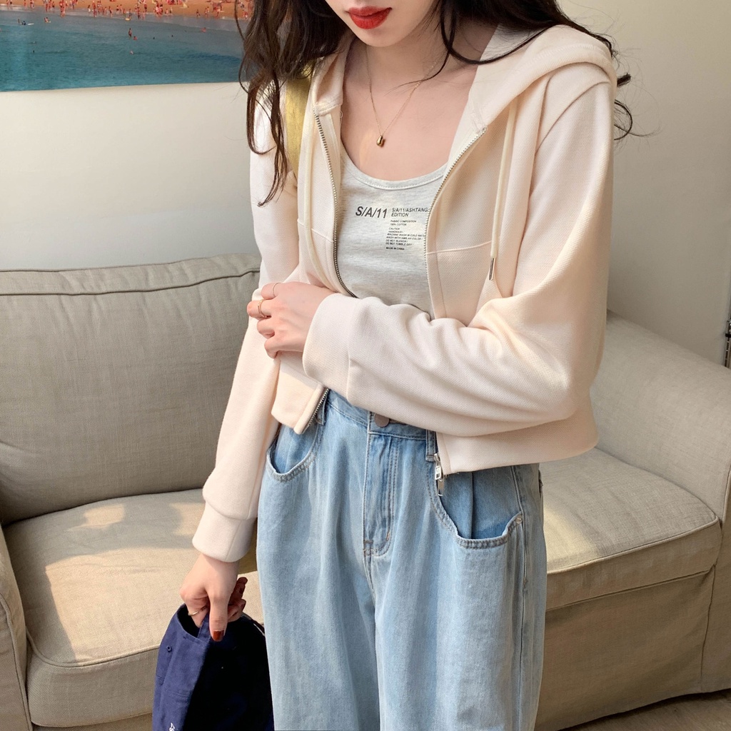 Áo khoác nỉ nữ chất đẹp 2022, áo khoác cardigan hoodie zip tay dài croptop màu hồng, xám, xanh