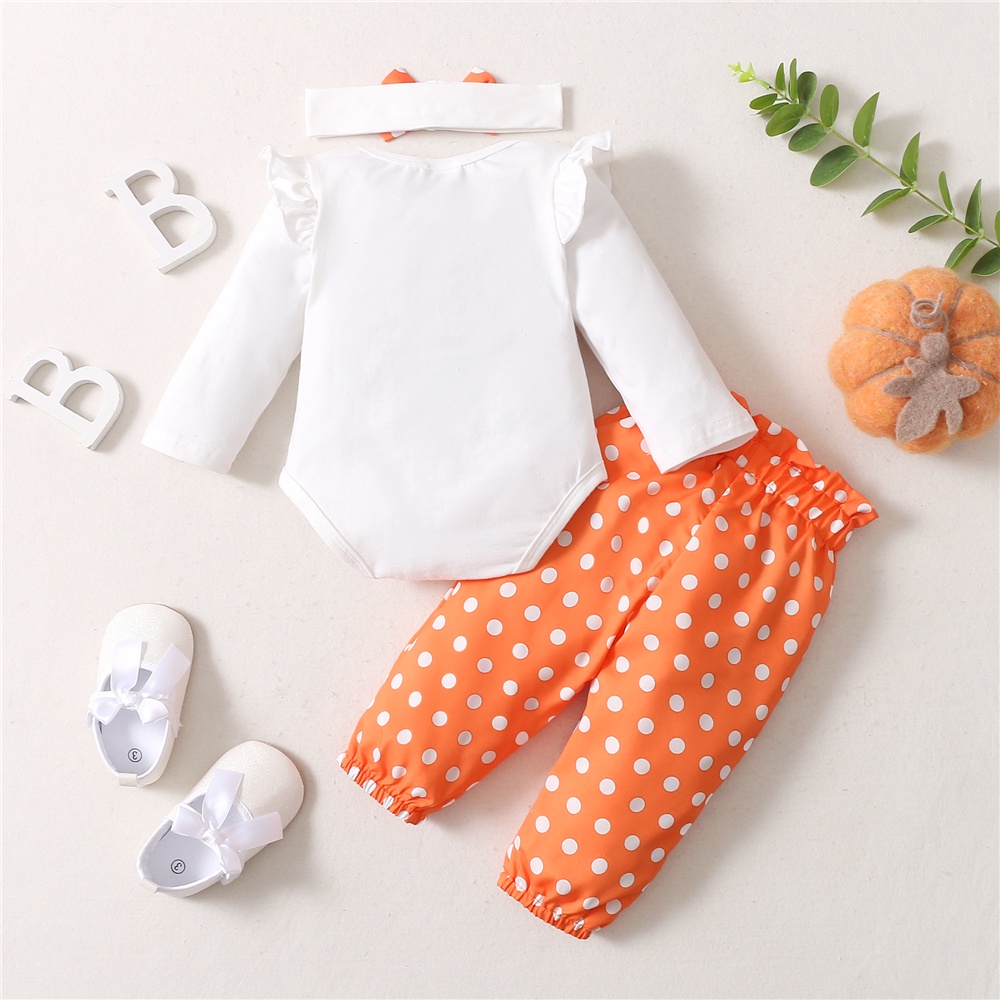 Set đồ 3 món MIKRDOO gồm áo liền quần tay dài in hình bí ngô halloween + quần chấm bi + băng đô cho bé gái 1 tuổi