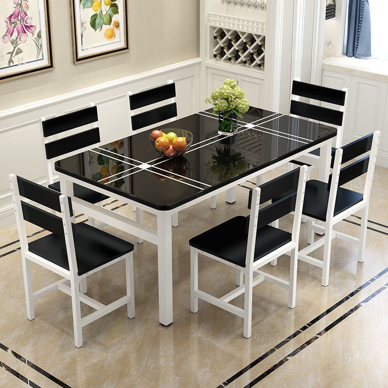 Bàn ghế ăn kết hợp gia đình hình chữ nhật cho 4 người và 6 kính cường lực chung cư nhỏ đơn giản hiện đại
