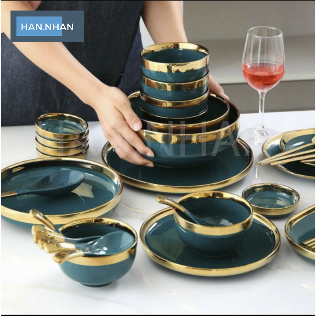 Bộ bát đũa decor bàn ăn, chén đũa cao cấp đẹp viền vàng các màu phong cách Bắc Âu (set dành cho 6 người )