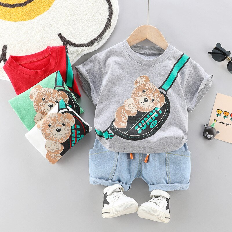 Set Đồ Mùa Hè 2 Món Gồm Áo Thun Cotton In Hoạt Hình + Quần Ngắn Denim Thời Trang Cho Bé Trai / Gái