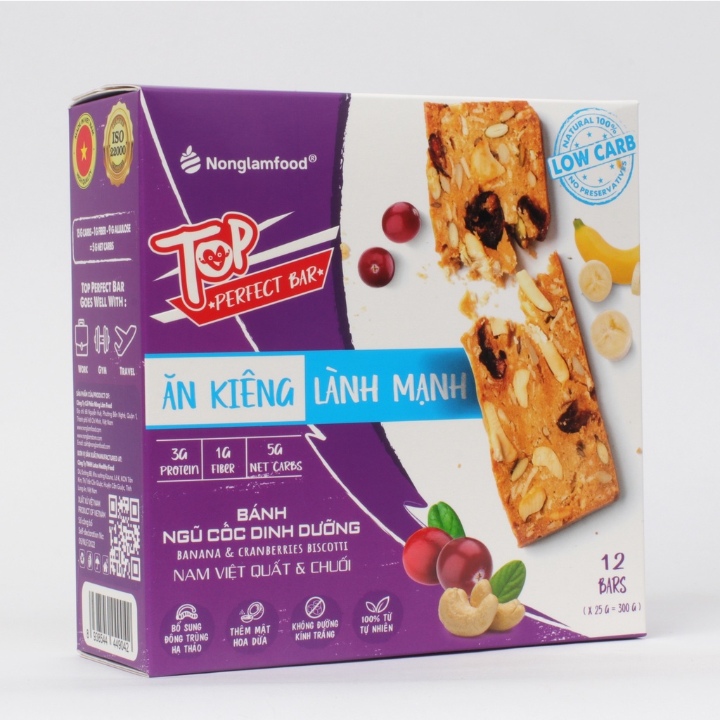 Bánh Biscotti ngũ cốc Top Perfect Bar Nonglamfood Vị Nam Việt Quất &amp; Chuối hộp 12 thanh | Ăn Kiêng Không Béo |Dinh dưỡng