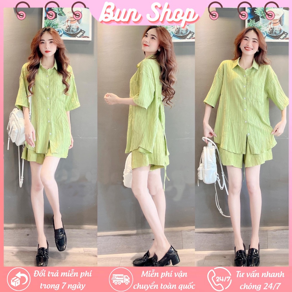Set Sơ Mi - Áo sơ mi thiết kế xẻ lưng buộc dây, Màu xanh bơ hottrend 2022, Chất vải đũi gân Quảng Châu Bun Shop20