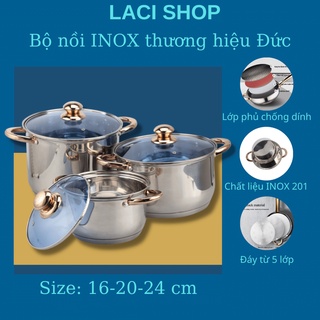 Bộ nồi inox đức đáy từ Yimeitai gồm 3 món, 5 đáy, chống dính công nghệ Đức