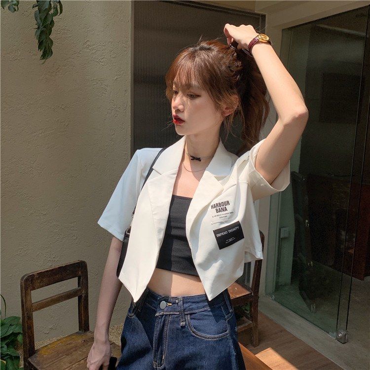 Áo Khoác blazer Tay Ngắn Dáng Rộng Màu Đen Phong Cách Hàn Quốc Thời Trang Mùa Hè Cho Nữ | BigBuy360 - bigbuy360.vn