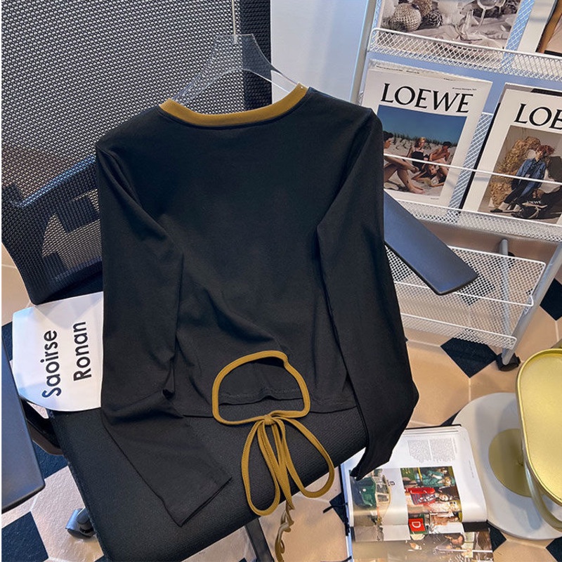 Áo Thun Tay Dài In Chữ Màu Sắc Tương Phản Phong Cách Retro Dành Cho Nữ