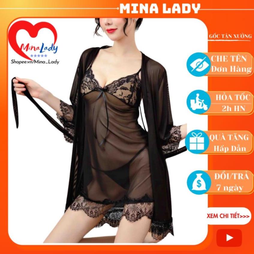 SALE Váy ngủ sexy gợi cảm xuyên thấu 2 dây cao cấp ko có mút ngực - đồ ngủ kèm áo choàng màu đỏ,đen hồng Minalady !