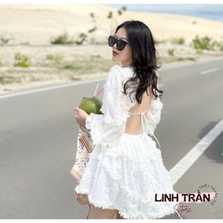 [ SẴN] Váy Trắng Hở Lưng Chất Voan Tơ 🦋FREESHIP🦋 Đầm Trắng Hở Lưng Dáng Xòe Dây Lưng Dài Tay