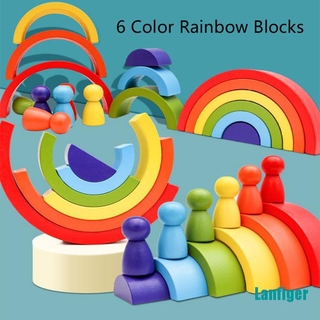 【Lanfiger】Kids Wooden Rainbow with 6 Wood Sorting Color Portable Montesori Handicraft Toys