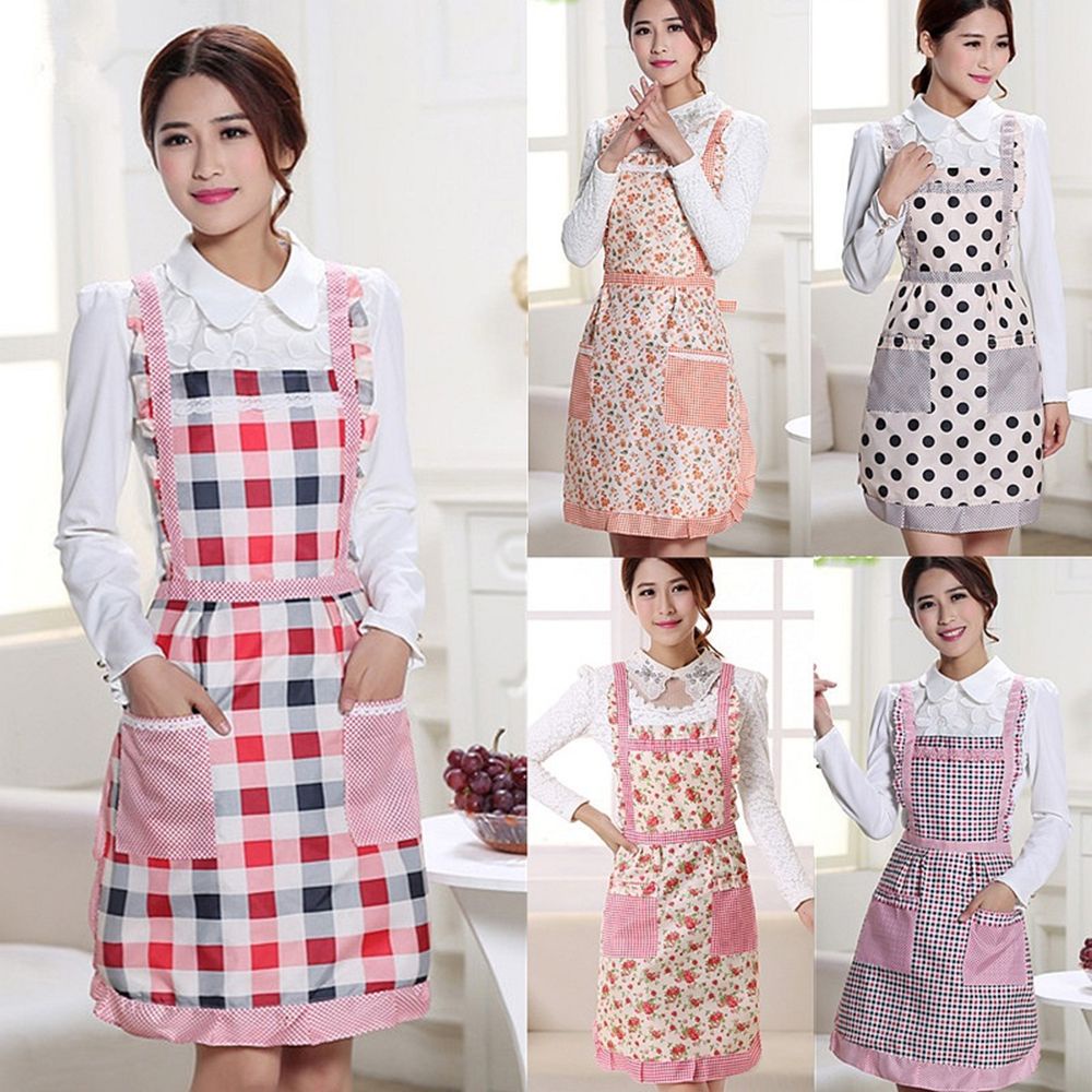 Tạp dề vải dày hai lớp chống thấm nước chống dầu họa tiết kẻ ô có túi tiện lợi cho nữ