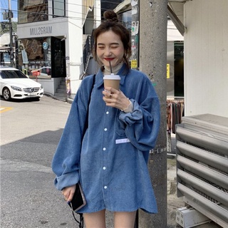 Spring and Autumn 2020 new Korean version of blue corduroy design sense of medium and long style coat bf loose lantern sleeve shirt woman