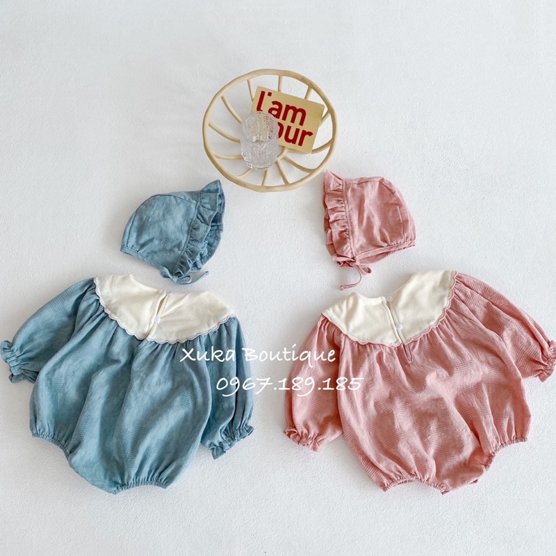 Set Bodysuit Dài Tay Cổ Nhung Cherry Kèm Mũ Bé Gái Dễ Thương - Xuka Boutique - Quần Áo Trẻ Em phong cách Hàn Quốc