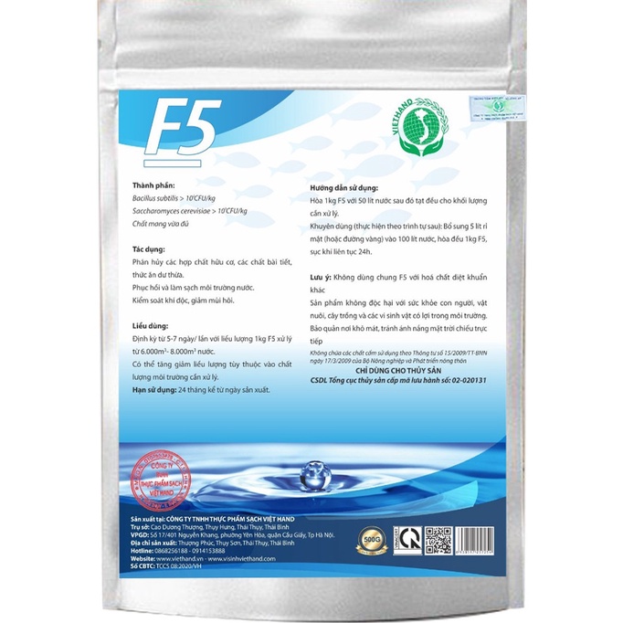 Men Vi Sinh Xử Lý Nước Cho Cá, Ốc, Ếch, Lươn F5 VIETHAND 200G