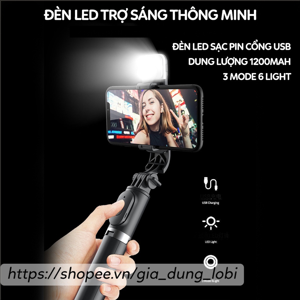 Gậy chụp ảnh 3 chân có đèn led Q02S gậy tự sướng selfie chụp hình bluetooth điều khiển từ xa xoay nhiều góc độ