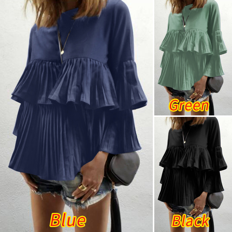 Áo ZANZEA Cổ Tròn Tay Áo Loe Xếp Ly Thời Trang Nữ