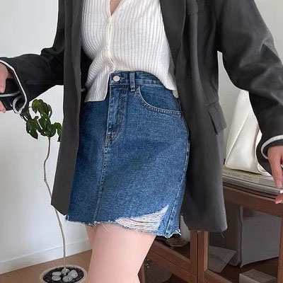 [60kg-90kg] Quần váy jeans BigSize co dãn mạnh phom A nhẹ, lưng cao trên rốn, có quần trong, màu xanh đậm rách kiểu 4290