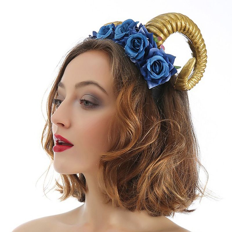 Băng Đô Sừng Cừu Đính Hoa Hồng Nhân Tạo Hóa Trang Halloween