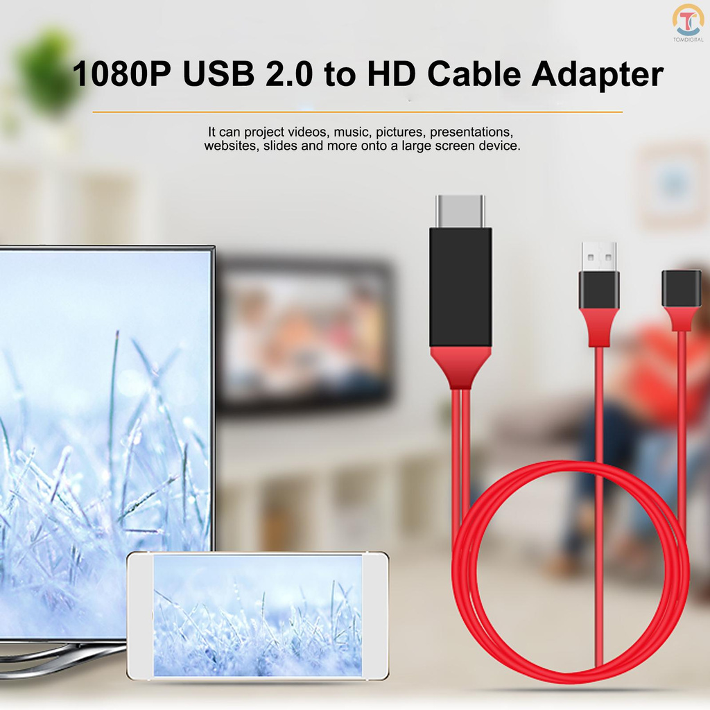 1080P HDTV Cable Adapter USB 2.0 To HD Video Audio Converter USB Powered Plug and Play Compatible with iOS Smartphone Tablet PC Android Smartphone