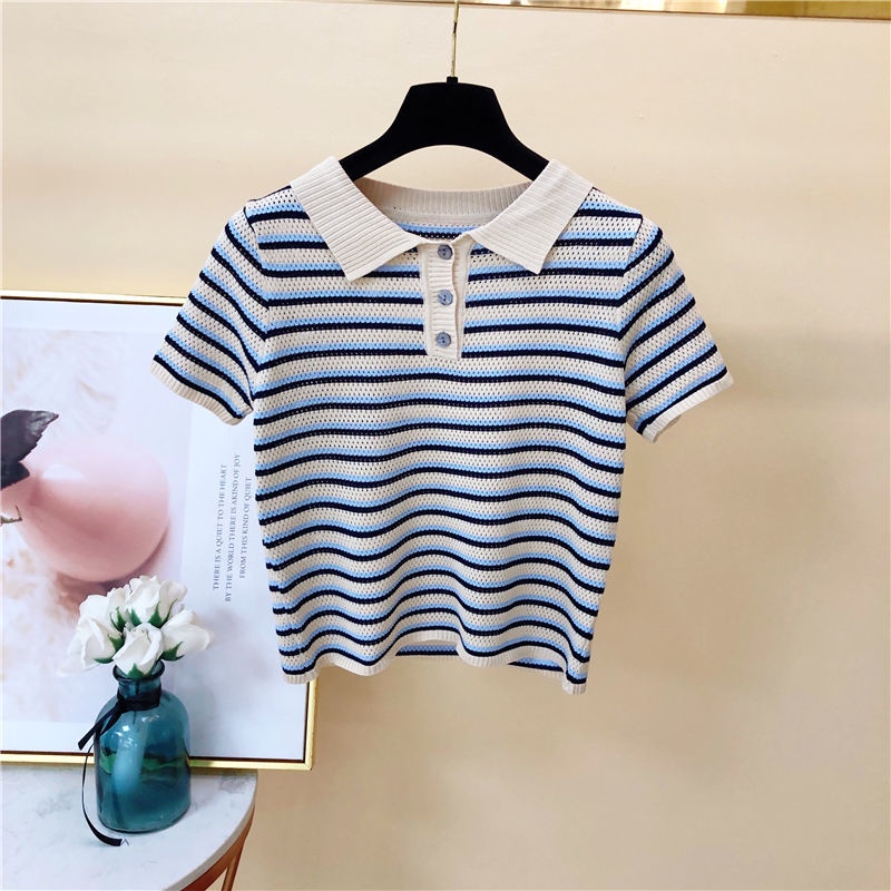 Áo Sweater Tay Ngắn Cổ Polo Hoạ Tiết Kẻ Sọc Thời Trang Mùa Hè Dành Cho Nữ