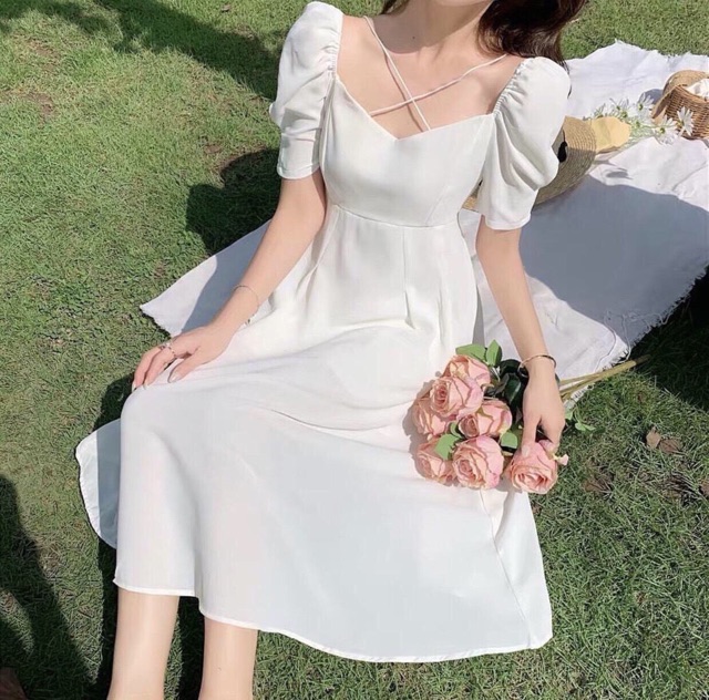 Đầm trắng dự tiệc dây chéo ngực ulzzang siêu phẩm | BigBuy360 - bigbuy360.vn