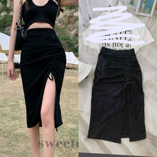 🎀chân váy xẻ rút dây ôm thun porip_