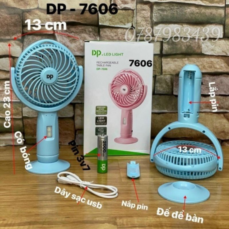 Quạt Tay Cầm Có Đèn Và Đế Đứng DP-7606