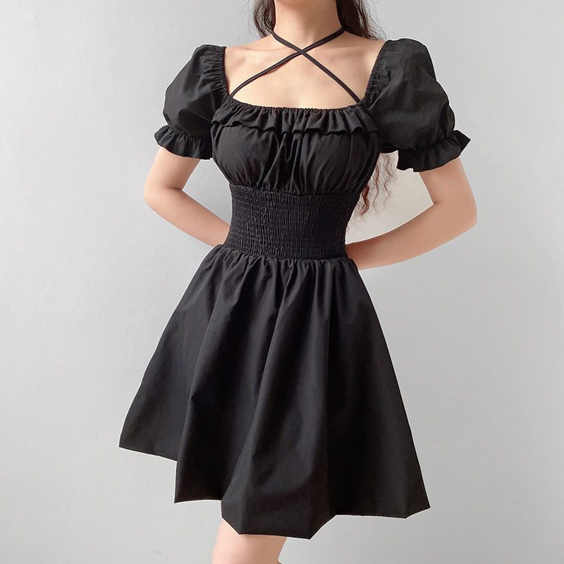 Palace Style Pleated Waist Tight Square Collar Black Dress Cross Lace up Slimming Puff Sleeve Dress Women's High WaistAWord Skirt【3Month18Day After】 | BigBuy360 - bigbuy360.vn
