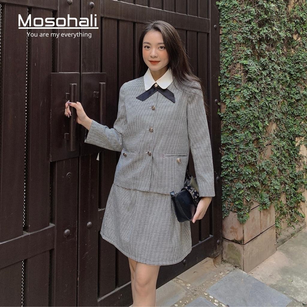 Set vest nữ Mosohali kẻ không cổ set blazer nữ Aya thời trang thiết kế công sở (áo blazer + chân váy) | BigBuy360 - bigbuy360.vn
